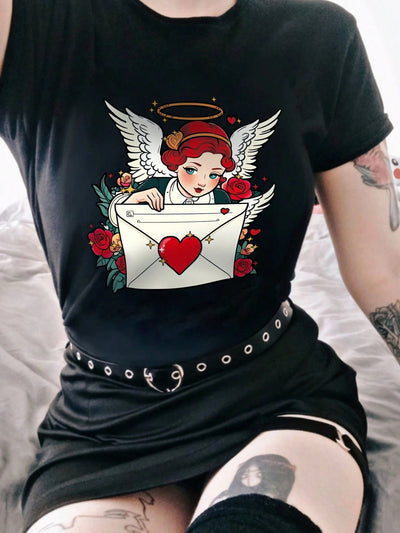 Camiseta Básica Feminina Com Estampa Anjo Cartão Postal