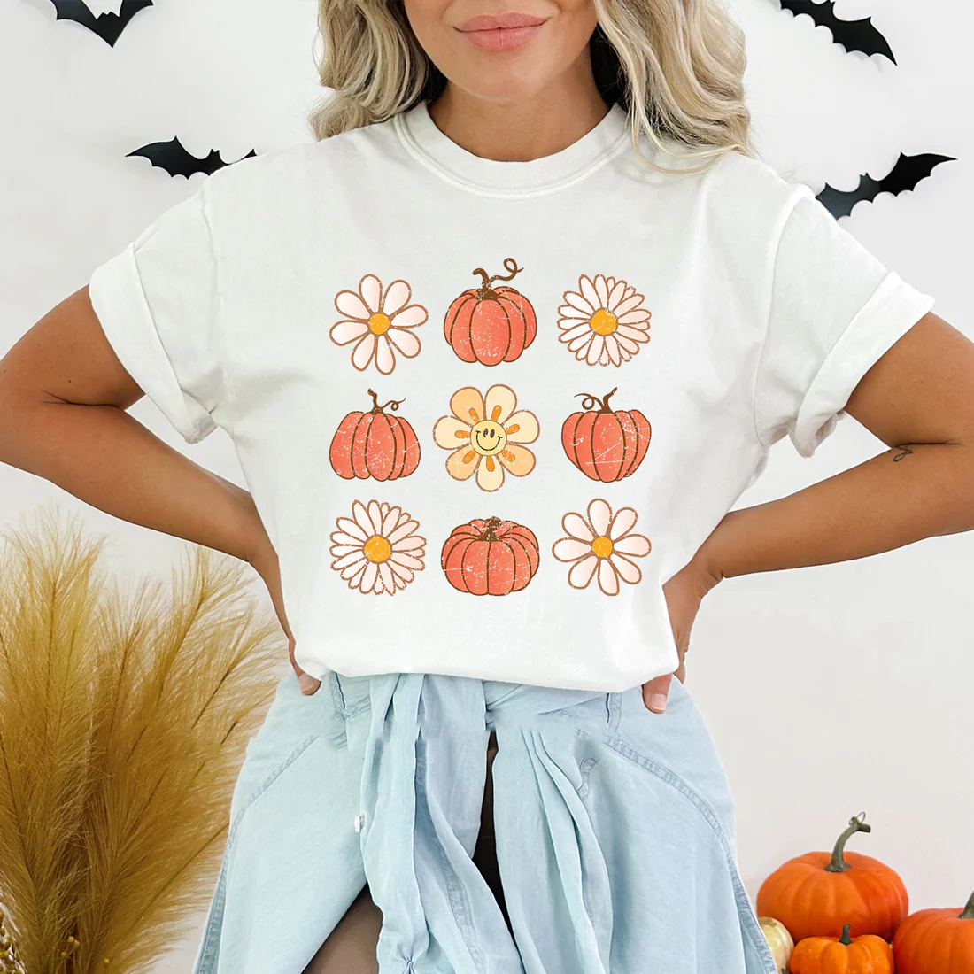 Camiseta básica Halloween Abobora E Flores