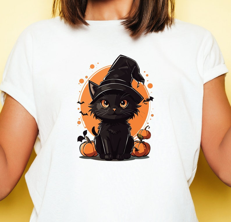 Camiseta Básica Com Estampa Gatinho Bruxa