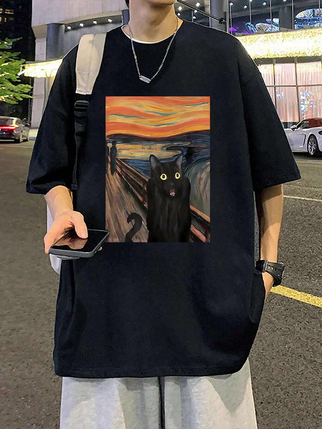 Camiseta Básica Com Estampa Gatinho assustado Pintura- PRETO