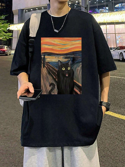 Camiseta Básica Com Estampa Gatinho assustado Pintura