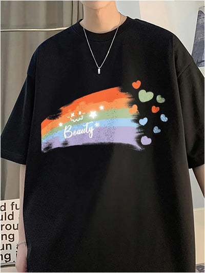 Camiseta Básica Unissex Com Estampa Arco-Íris Corações Coloridos