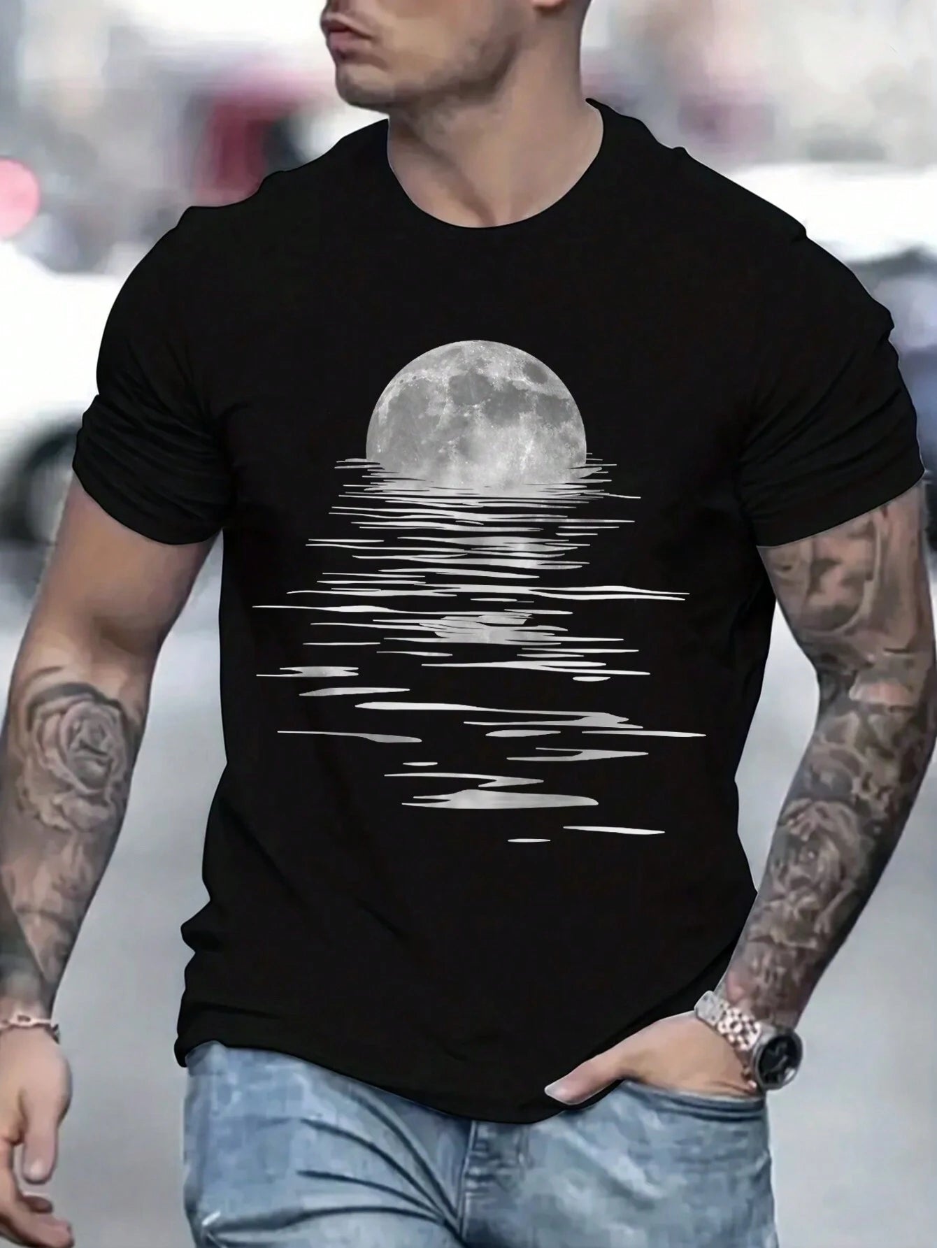 Camiseta Básica Unissex Com Estampa Luz Da Lua Refletindo A Água