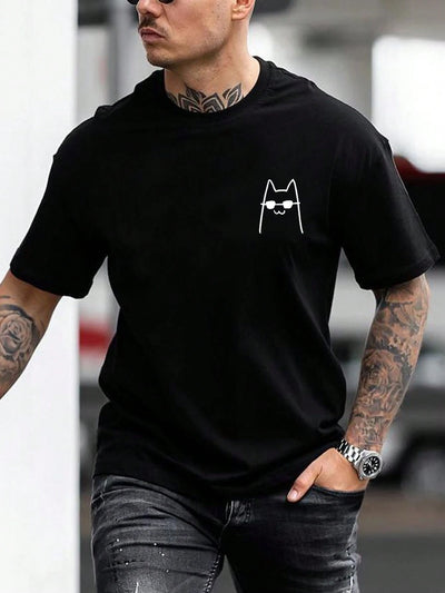 Camiseta Básica Unissex COm Estampa Gatinho estiloso Óculos- Preto