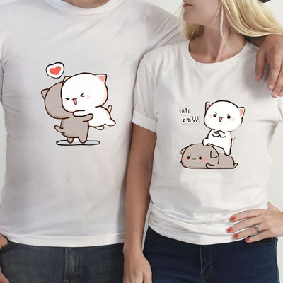 Camiseta Básica Casal Estampa Abraço De Gatinhos