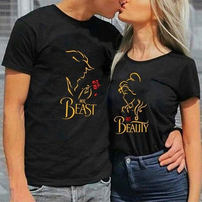 Camiseta Básica Casal Estampa Filme A Bela e A fera