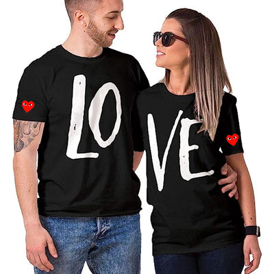 Camiseta Básica Casal Estampa Love Complemento Coração Vermelho