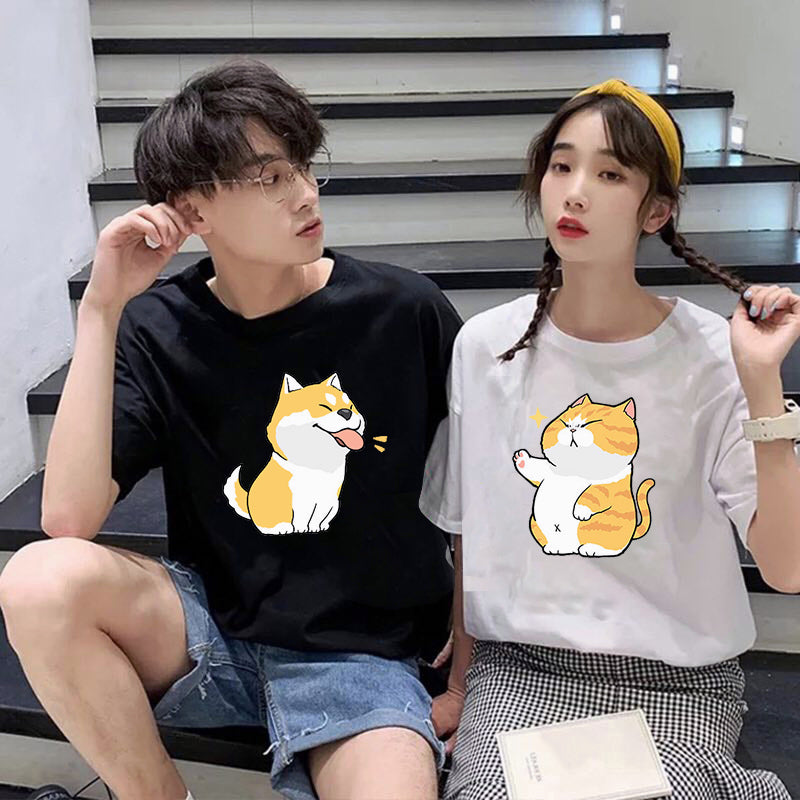 Camiseta Básica Casal Cute Couple Cat Dog
