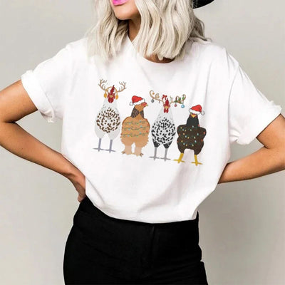 Camiseta Básica Feminina Com Estampa Galinhas Natal