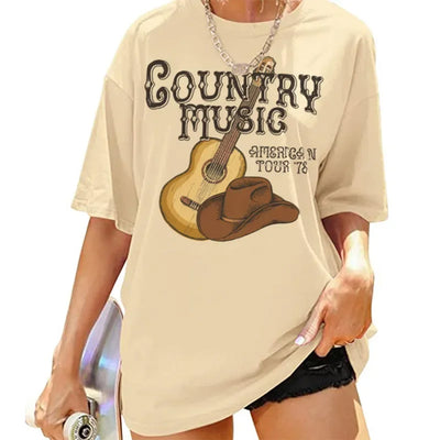 Camiseta Básica Feminina Com Estampa Violão Cowboy