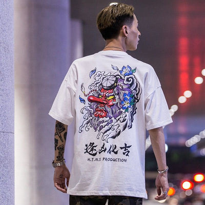 Camiseta Básica Com Estampa Mascara Cultura Japonesa