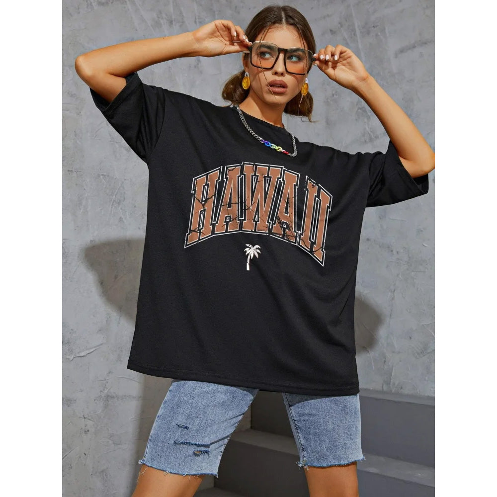 Camiseta Básica Feminina Com Estampa Hawaii Coqueiro