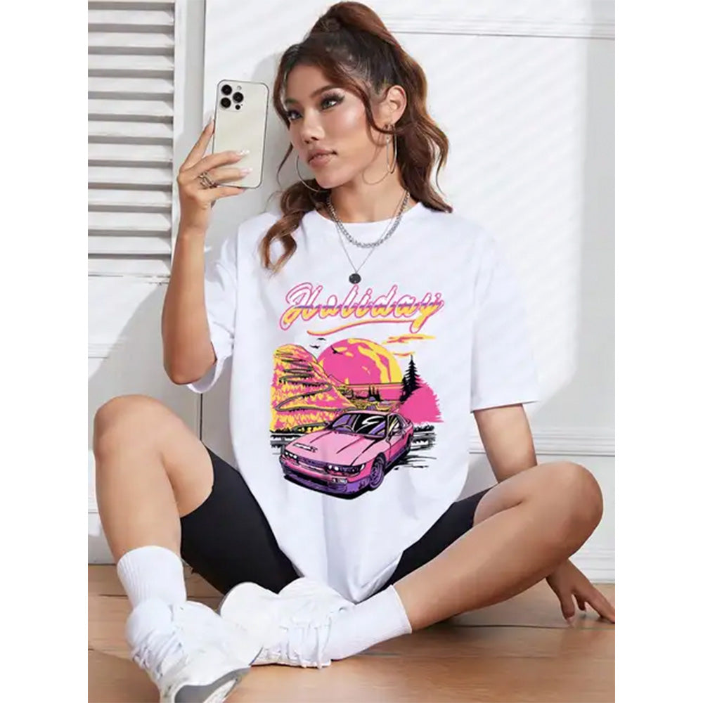 Camiseta Básica Feminina Com Estampa Carro Rosa